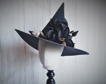 Black Magnolia Straw Witch Hat