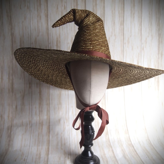 Olive Green Straw Witch Hat, Head Size 22"