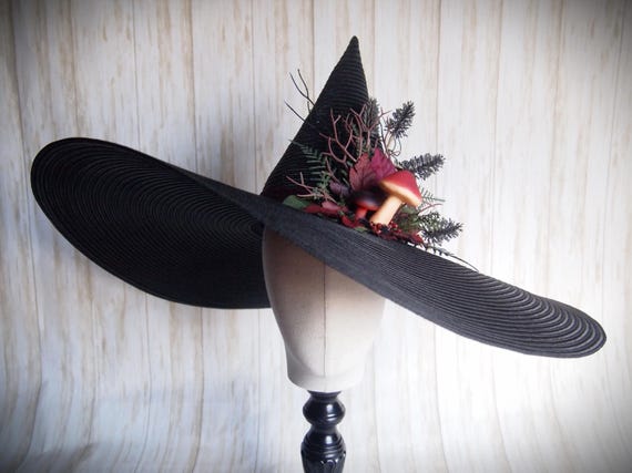 MASSIVE Brim Black Straw Witch Hat with Mushrooms, Head Size 22"