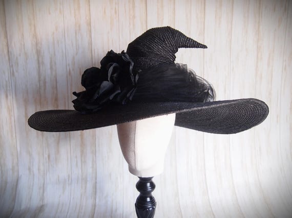 HUGE BRIM Black Straw Witch Hat, Head Size 21.5"