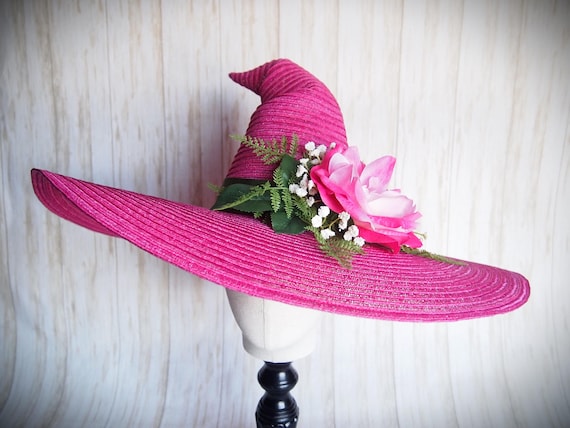 LARGE BRIM Pink Straw Witch Hat Head Size 22.5"