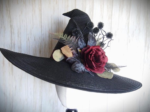 LARGE Brim Black Straw Witch Hat, Head Size 22.5"