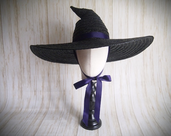 HUGE BRIM Black Straw Witch Hat W/Removable Tie, Head Size 21.5", 7.5" Brim