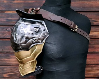 Fantasy warrior shoulder armor, blackened and golden shoulder, fantasy knight armor, larp clothing staff, medieval costume