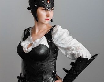 Warrior Lady Leather Set - Dark Half-Corset Bracers Crown Skirt - Female Valkyrie Armor – custom made