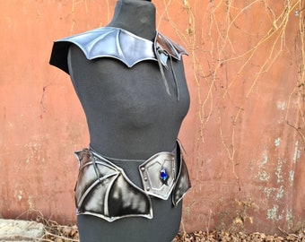 Female LARP costume, steel fantasy shoulders armor and belt, lady warrior metal pauldrons and skirt, cosplay women armor, battle elven armor