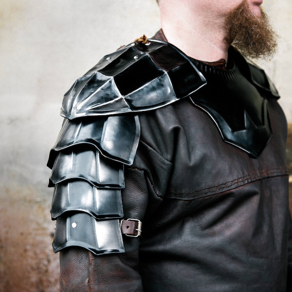 Guts shoulder armor, pair of pauldrons and metal gorget, blackened steel, larp costume, anime clothing, fantasy warrior cosplay
