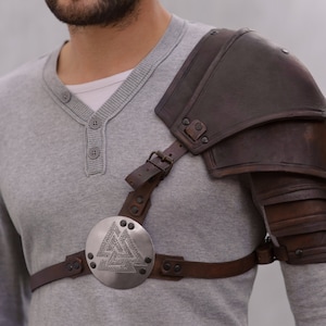 LARP fantasy armor, leather pauldron with Valknut symbol, Norse Viking warriors custom armor, warrior shoulder pad, barbarian armor image 1