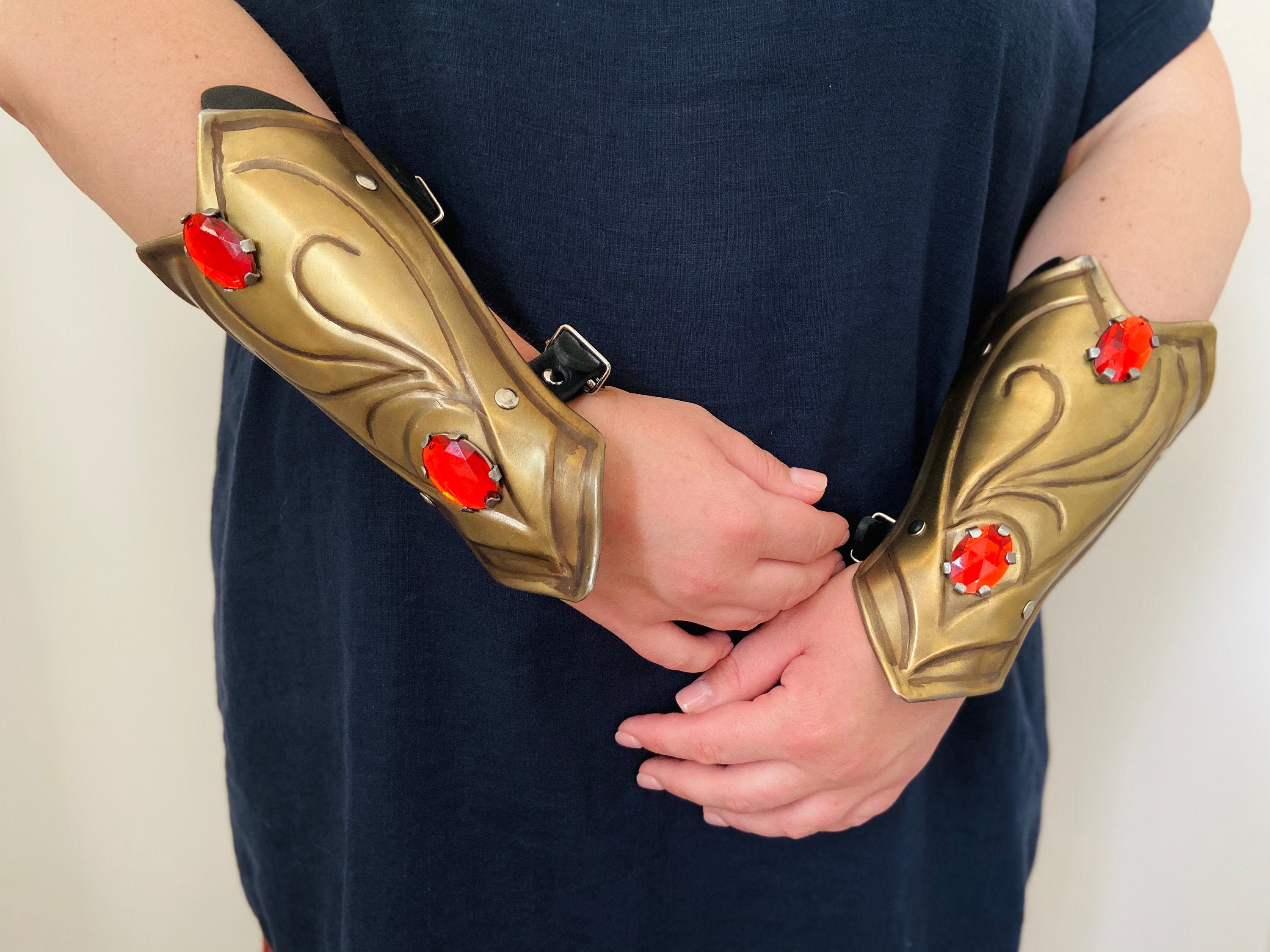 Pair of golden bracers with stone fantasy larp costume Etsy