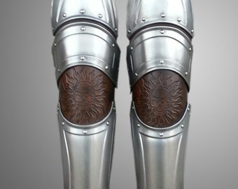 Steel Warrior Greaves - Leather & Metal Leg Armor with stamping -  LARP Fantasy Pair Steel Armor Leg Greaves - handcrafted custom made