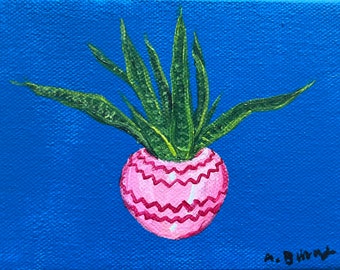 Snake Plant 4” x 6” happy acrylic painted original painting on gallery wrap canvas