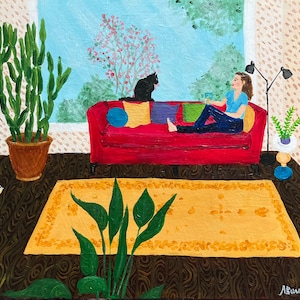 Cat Chat, 8”x 10”  happy acrylic paint original painting on gessoed wood board