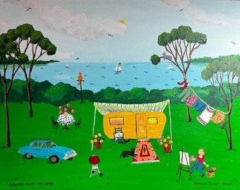 Camping With The Cats… Original, colorful, whimsical cat painting. 11" x 14" gallery wrap canvas