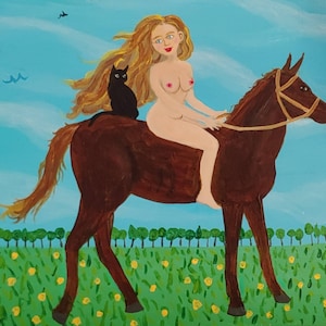 Lady Godiva and her Cat, an original 8&quot; x 10&quot;  original acrylic painting cradled wood
