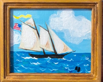 Sailing Ship 2, miniature painting, 2” x 3”