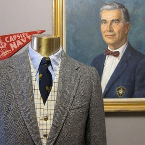 Stanley Blacker 1960er Jahre Graue Herringbone Tweed Jacke 3/2 Rolle Ivy League Sportmantel 37R