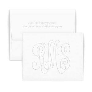 May include: White folded card with a white envelope. The card has a raised, embossed monogram of the letters "RWS" in a cursive script.