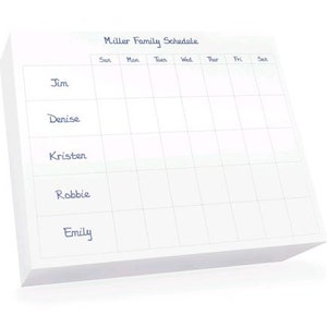 May include: A white printable family schedule with the text "Miller Family Schedule" at the top. The schedule is divided into seven columns for each day of the week and five rows for different family members: Jim, Denise, Kristen, Robbie, and Emily.