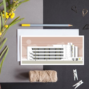 Isokon Gebäude Grußkarte, rosa Geburtstagskarte, modernistische Gebäudekarte, Architekturkarte, Karte für Architekten, personalisierte Karte