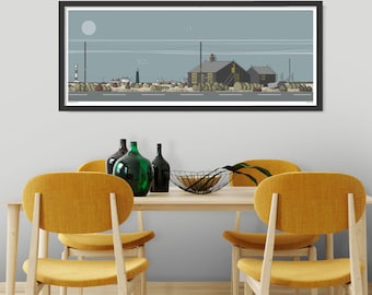 May include: A framed illustration of a gray and black building with a yellow door and windows, set against a blue sky with a white moon. The building is surrounded by a gray road and brown grass. The illustration is framed in black and is hanging on a gray wall.