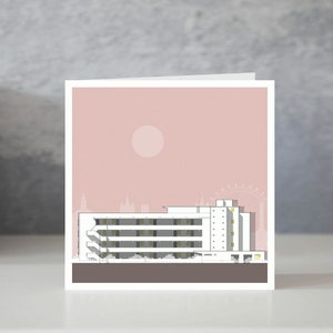 Biglietto d'auguri per edificio Isokon, biglietto d'auguri per edificio modernista, biglietto per architetto, architettura di Londra, biglietto per galleria Isokon, disegno architettonico