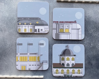 Worthing Set of 4 assorted Coasters, Worthing coaster, Worthing Gift, Worthing landmarks, Christmas present, Gift gor Architect, Coaster Set