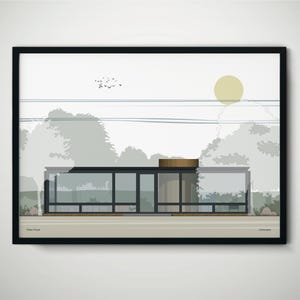 Może przedstawiać: Oprawiony wydruk nowoczesnego szklanego domu z płaskim dachem i dużymi oknami. Grafika ma minimalistyczny design z żółtym słońcem, ptakami i drzewami w tle. Tekst "Glass House" znajduje się w lewym dolnym rogu.