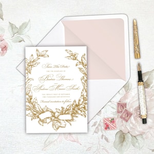 BEATRIX Gold Foil Letterpress Wedding Save The Date Garland Wreath Monogram Pretty Chic Country City Paris Parisian Wedding