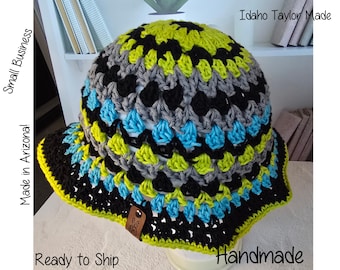 Handmade Crochet Bucket Hat, Lime Green & Black Festival Sun Hat, Retro Grunge Rave Beach Hat, Turquoise Grey Cotton Knit Hat, Ready to Ship