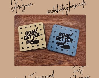Goal Getter Faux Leather Patches Crochet Beanies ~ Cozies ~ Ear warmers ~ Knit Hats ~ Sports ~ Hockey