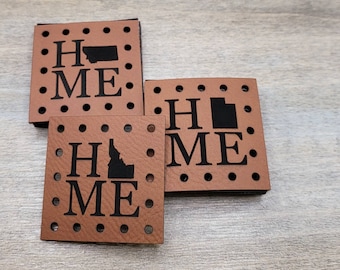 HOME with State Faux Leather Patch!  Crochet! Knitting! Sewing! Patches! Beanie Patch! Knit Hat Patches Product Tags! Choose Your State! Fun