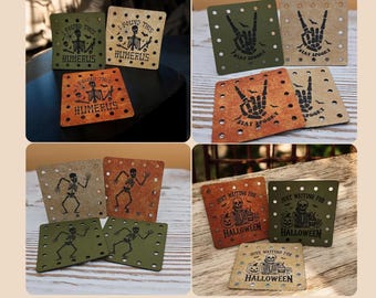 Set of 4 Halloween Skeletons Faux Leather Patches Crochet Beanies ~ Cozies ~ Ear warmers - Baskets ~ Ghosts ~ Market Bags ~ Knit Hats