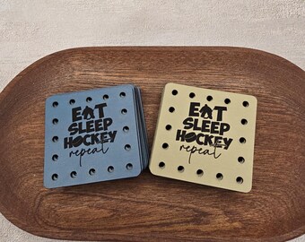 Eat Sleep Hockey Repeat Faux Leather Patches Crochet Beanies ~ Cozies ~ Ear warmers ~ Knit Hats ~ Sports ~ Hockey