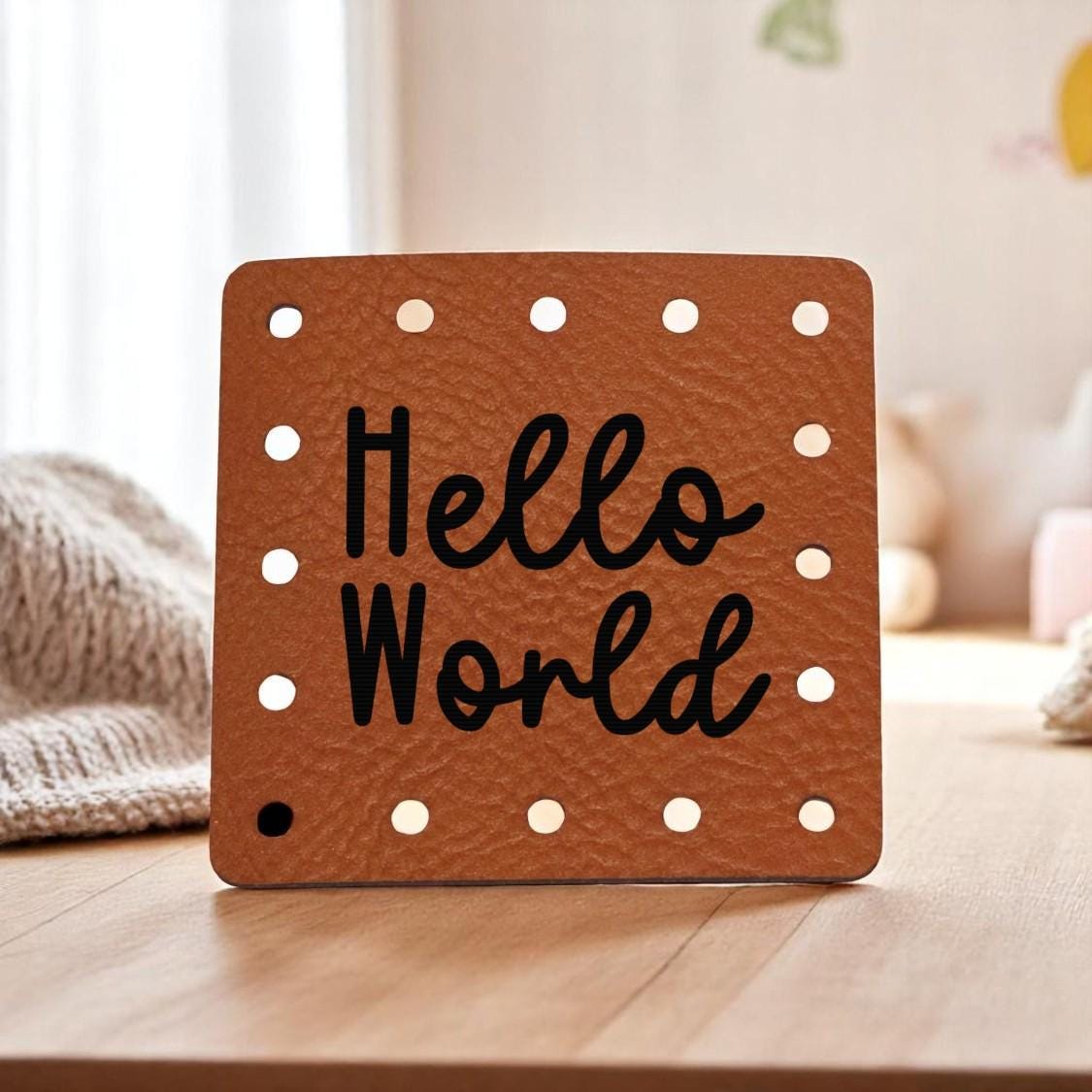 Hello World Patch - Boho Baby Tag - Newborn Beanie Label - Vegan Leather or Suede! Blanket Patches! Crochet Beanie Patch! Knit! Crafts! - Thumbnail 5