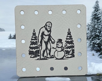 Bigfoot and Snowman Winter Scene PATCHES Faux Leather Patch!  Knit Hat Patch!  Crochet Beanie Patch!  Cup Cozy Patch! Holidays! Trees!