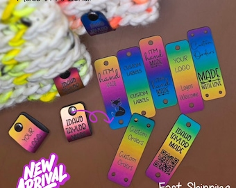 Custom RAINBOW Faux Leather Fold Over Tags: Knit & Crochet Logo Labels (0.85" x 2.50") Rivets ~ Screws ~ Sew On
