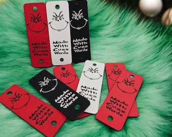 10 Faux Leather Grinch Made With Cuss Words Tags! Crochet Beanie Tags! Cup Cozy Tags! Christmas! Holiday! Fun!
