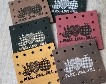 Peace Love Fall  Vegan Leather Patches!  Crochet Beanie Patch! Knit Hat Patch! Cup Cozy Patches! Add them to your crochet or knit items!