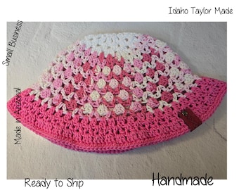 Handmade Crochet Pink Ribbon Bucket Hat, Breast Cancer Awareness Sun Hat, Pink Ombre Granny Stitch Beach Hat, Cotton Winter Summer Knit Hat