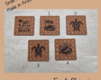 Beach Turtles Faux Leather Engraved Patches | Sarcasm & Style Sew-On Labels for Crochet, Knit | No holes on request | Set of 5