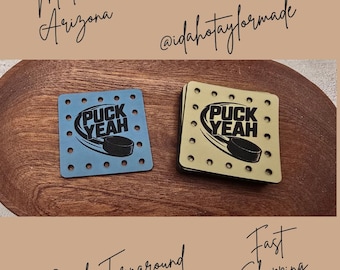 Puck Yeah Faux Leather Patches Crochet Beanies ~ Cozies ~ Ear warmers ~ Knit Hats ~ Sports ~ Hockey