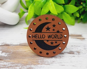Hello World! Moon & Stars! Crochet Beanie Patch! Knit Hat Patch! Faux Leather! Ultrasuede! Boho Patch! Patch for Handmade Items!