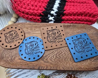 Chiefs Faux Leather Patches Crochet Beanies ~ Cozies ~ Ear warmers ~ Baskets ~ Market Bags ~ Knit Hats Book Covers! Mascot! School Teams!