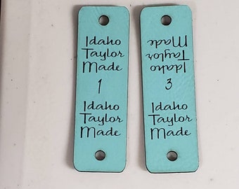 Teal Faux Leather Tag  .85" x 2.75"  Knit hat tags! Crochet beanie label! CUSTOM Tags!  Snap Rivets! Sewing labels! PERSONALIZE