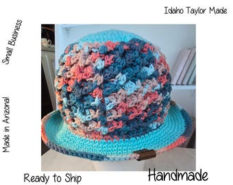 Handmade Crochet Turquoise Coral Bucket Hat, Variegated Sunset Mountain Sun Hat, Boho Granny Stitch Beach Hat, Outdoors Cotton Knit Hat