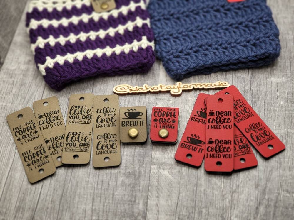 10 Coffee Cup Cozy Tags: Faux Leather Crochet Labels with Rivets - Thumbnail 3