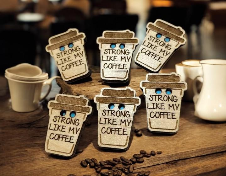 Strong Like My Coffee  Wooden Buttons - Knitting, Crochet! Adorable Travel Mug Design - Choose your pack - Crochet Cup Cozy Button! Cute! - Thumbnail 2