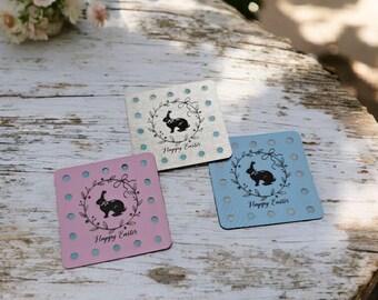 Happy Easter Wreath Bunny Faux Leather Tags! Laser Engraved! Add a Touch of Spring! Ideal for crocheting or knitting! New Colors!