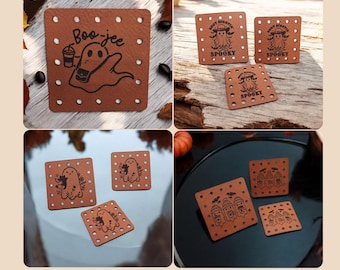 Set of 4 Halloween Ghosts Faux Leather Patches Crochet Beanies ~ Cozies ~ Ear warmers - Baskets ~ Ghosts ~ Market Bags ~ Knit Hats
