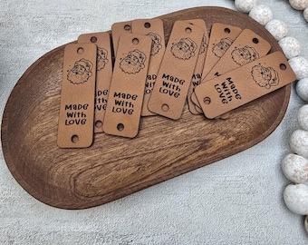 Santa Face Made with Love Faux Leather Fold Over Tags: Knit & Crochet Holiday Labels (0.85" x 2.50")